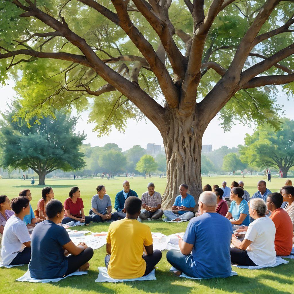 A serene scene depicting a diverse group of people in a supportive community gathering, sharing knowledge about tumors and survivorship. In the background, a large tree symbolizes strength and resilience, while educational materials and supportive banners are scattered around, highlighting hope and unity. Soft lighting enhances the warmth of the moment, creating an atmosphere of compassion and determination. watercolor style. vibrant colors. airy background.