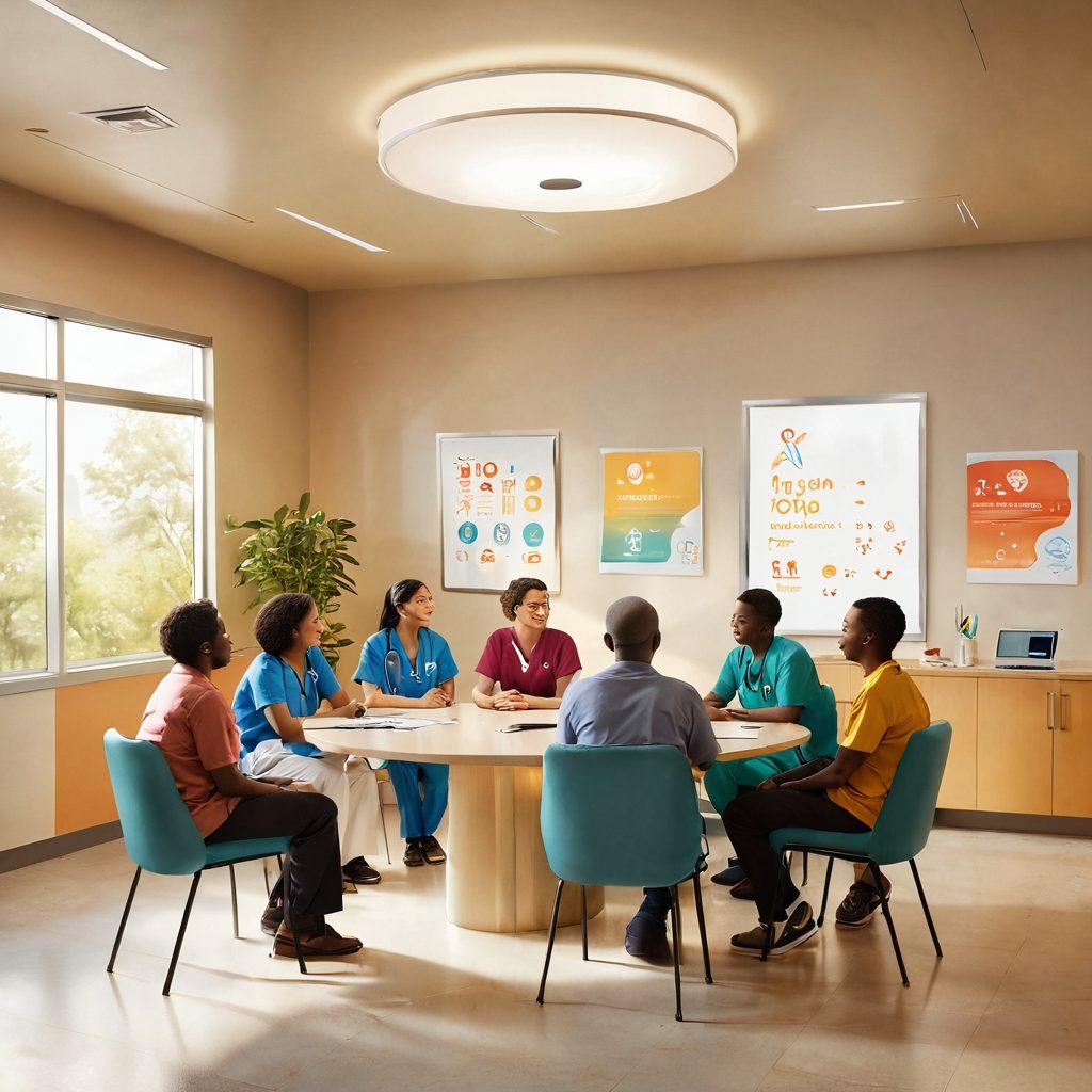 A serene healthcare environment featuring a diverse group of people in a supportive circle, with a symbol of hope, like a glowing lantern, in the center. Incorporate elements representing early detection, such as medical imagery and charts, alongside signs of patient advocacy, like supportive banners and warm expressions. Use soft lighting to evoke a sense of hope and community. vibrant colors. super-realistic.
