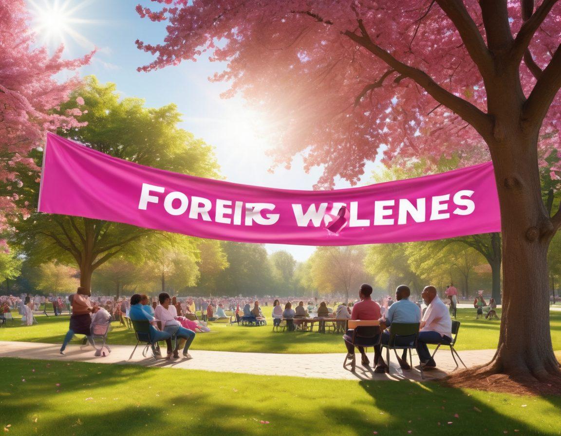A warm community gathering in a park, with diverse people sharing stories and laughter, a bright banner reading 'Fostering Wellness' in the background. Elements representing cancer awareness such as pink ribbons scattered throughout the scene, along with healthcare professionals engaging with community members. Sunlight filtering through trees, creating an inviting atmosphere of support and hope. super-realistic. vibrant colors. 3D.